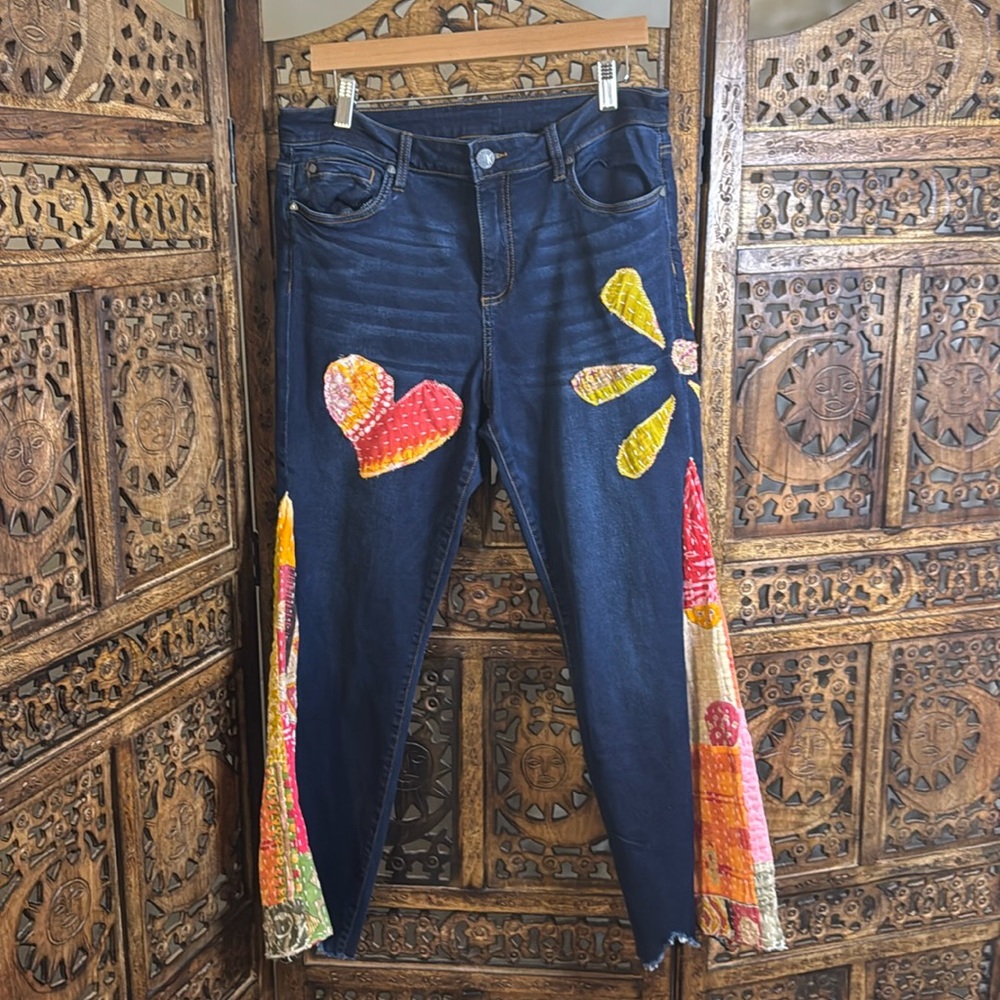 Upcycled Kantha with Handmade Patchwork Dark Denim Jeans